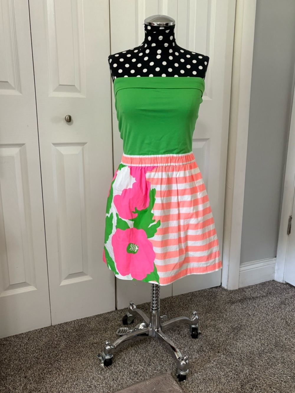 Lilly Pulitzer Green Strapless Dress with Pink Floral & Coral Stripes